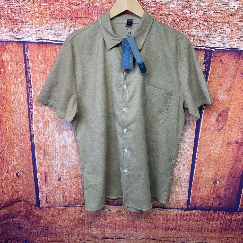 ROMWE Men's Tan Textured Short Sleeve Button-Down Shirt XL